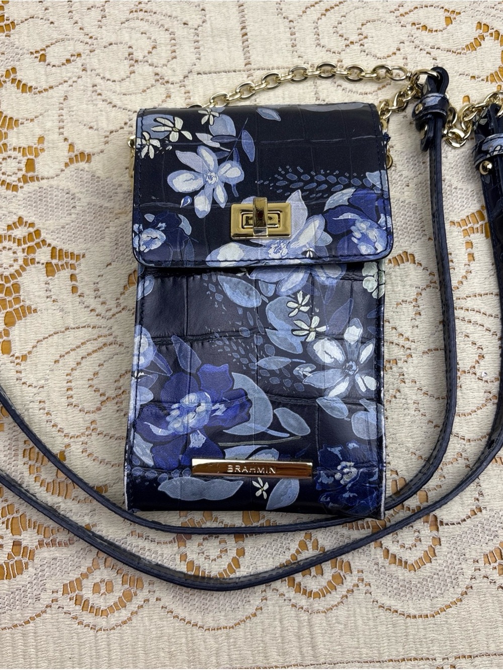 Brahmin Jane Blue Floral Leather Phone Wallet Crossbody